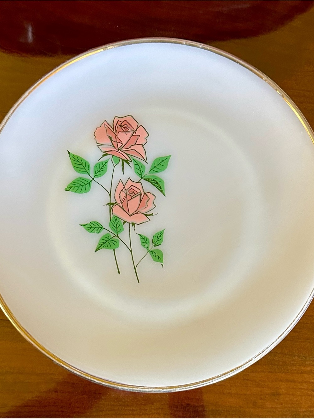 Vintage Fire King Pink Rose and Green Leaf Plate with Gold Rim